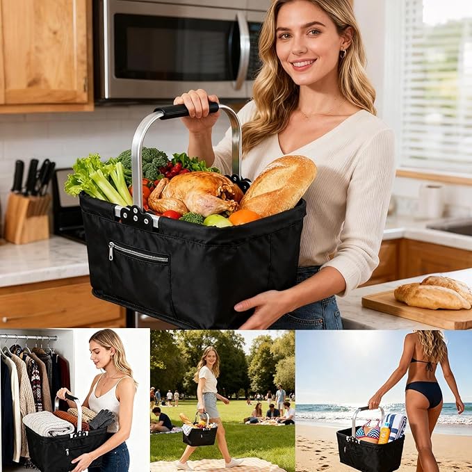 Shopping Bag Basket - 26L Foldable Grocery Storage Container, Market Shopping Basket for Supermarket, Camping, Picnic, Travel, Home, Farmhouse, Kitchen, Stores, & Daily Errands with Easy Collapse a
