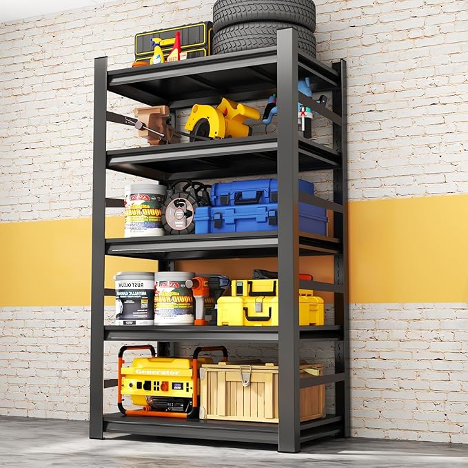 Garage Shelving Units, Heavy Duty 5-Tier Storage Shelves, Metal Adjustable Storage Rack, Steel Shelves, 2750 lbs Capacity, Industrial Shelving for Heavy Tools (Black, 18"Dx47"Wx78"H, 5-tier)