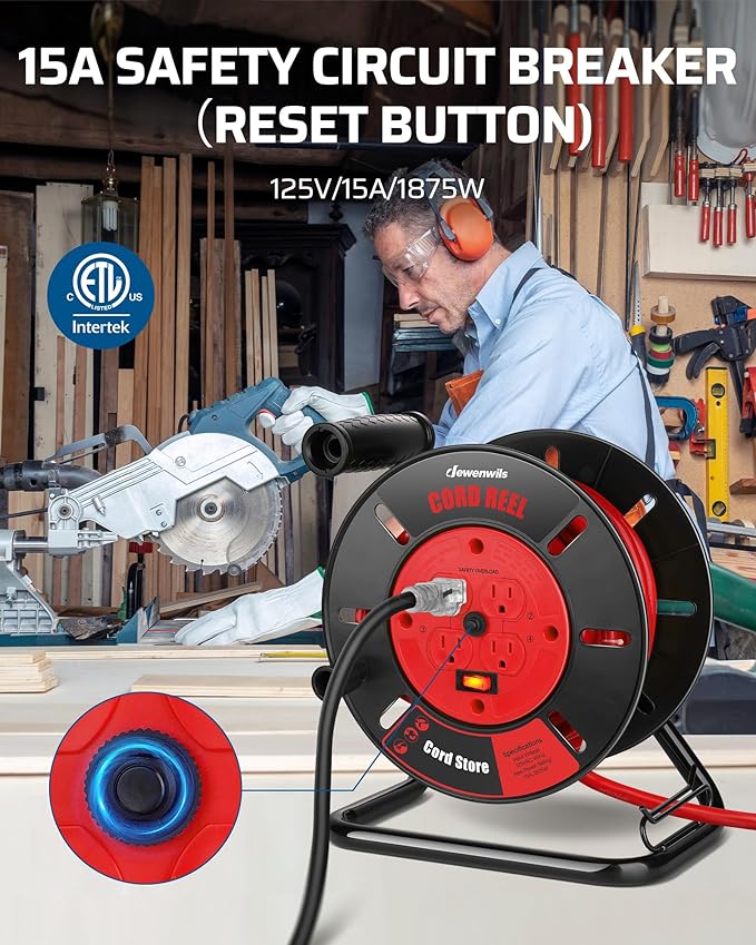 DEWENWILS Extension Cord Storage Reel with 4-Grounded Outlets, Heavy Duty Open Cord Reel for 12/3,14/3,16/3 Gauge Power Cord, Hand Wind Retractable, 15A Circuit Breaker, Rocker Power Switch