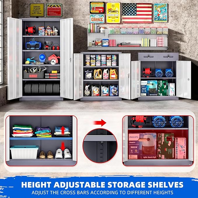 INTERGREAT Storage Cabinet with Doors and Shelves, Metal Garage Storage Cabinets with Lock, Black Lockable Steel Supply Cabinet for Home Office, Warehouse (Grey White)