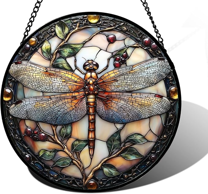 Stained Glass Window Hanging - Dragonfly Plant Suncatcher Ready to Hang Window Doors Home Decoration, Christmas, Mother's Day Birthday Gifts for Women, Men, and Mom11.8x11.8 in