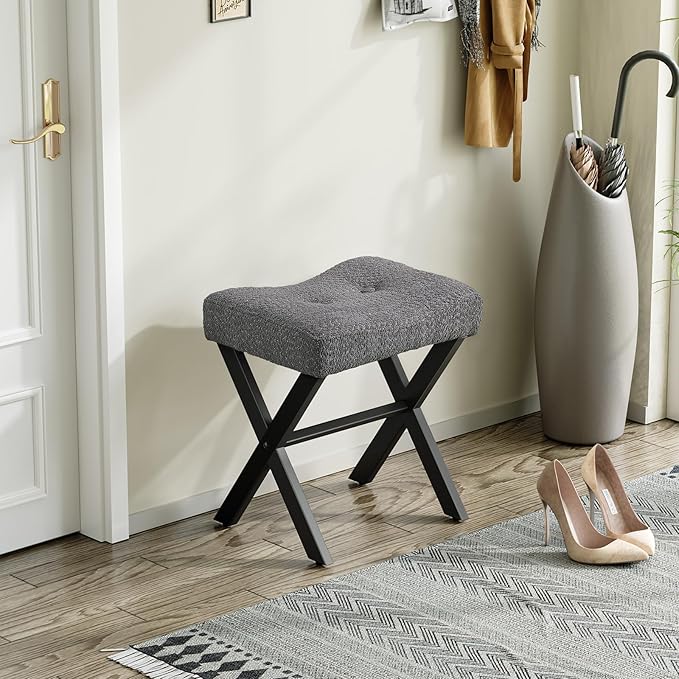 18-Inch Vanity Stool Chair, Vanity Bench with Metal X-Legs, Ottoman Accent Stool with Breathable and Soft Boucle Fabric Saddle Seat, Grey