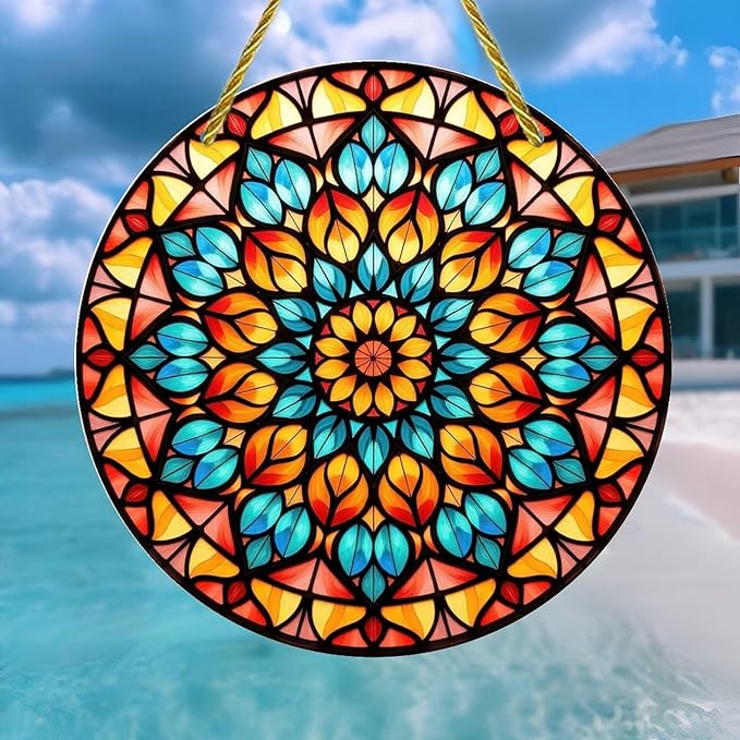 Acrylic Stained Panel Hanging-Radiant Floral Display Round Window Hanging Ornament,Wall Art Panel for Indoor/Outdoor Decor,Gift,Birthday for Women, Men, Wife, Aunt, and Mom 7.8in