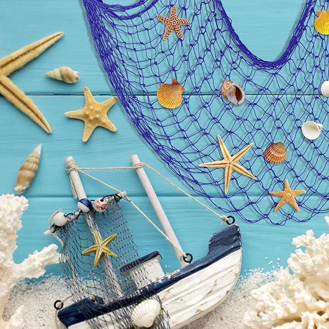 ZUEXT Dark Blue Decorative Fishing Net 80x40 Inch, 2PCS Picture Fish Net, Mermaid Net Cotton Fishnet Wall Hanging Decor for Hawaiian Nautical Beach Party, Fishnet Photo Display Sea Themed FishNet