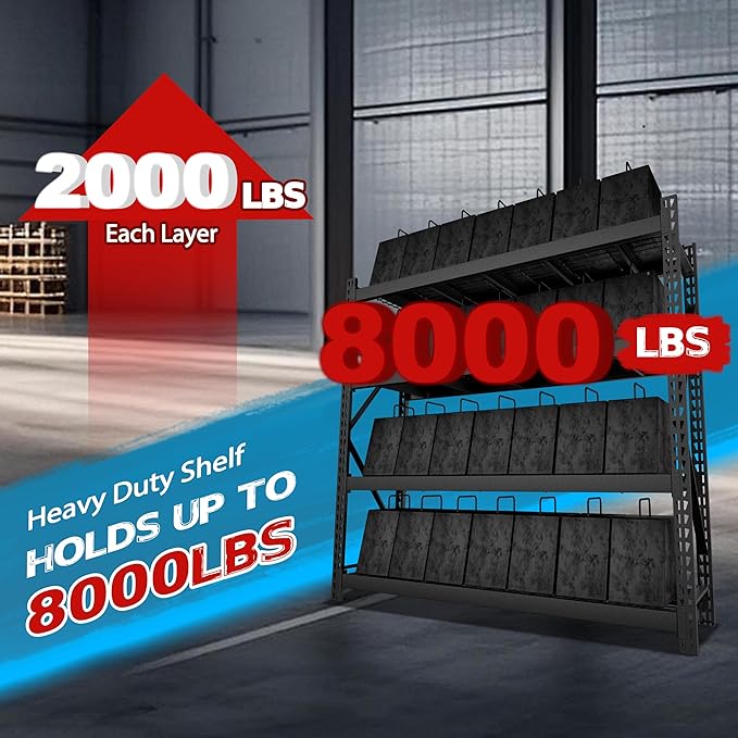 8000LBS 91 "W x 24 "D x 87 "H Storage Shelves, 4-Tier Adjustable Metal Shelving Units and Storage, Iron Industrial Shelving for Garage, Warehouse, Basement, Black