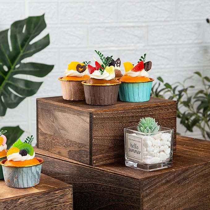 Vintage Brown Square Wooden Cake Stands For Display,Set Of 4 Wood Cupcake Stands Risers, 12 Inches Rustic Wood Crates For Wedding Cake Display, (Vintage Brown)