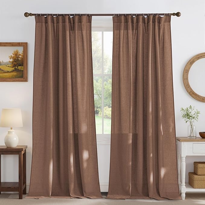 NICETOWN Thick Linen Semi Sheer Gold Brown Curtains for Famhouse, Pleat Tape Semi Sheer Drapes Privacy Added with Light Filtering Window Treatments for Bedroom, W52 x L108, 2 Panels