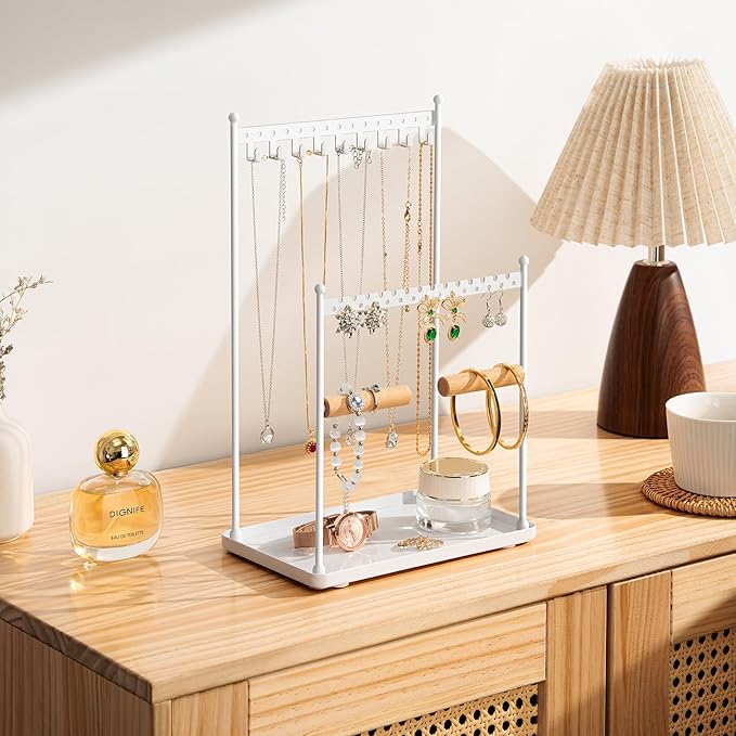 Jewelry Tower Necklace Holder Organizer – 3-Tier Jewelry Display Rack with Storage Tray – Holds 22 Pairs of Earrings, Bracelets, Rings, Necklaces – Gift for Girls & Women, White
