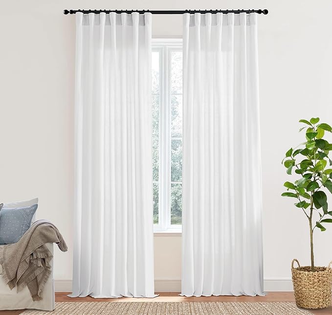 XTMYI Large Curtains for Living Room 132 Inch Length 2 Panels Sheer Linen Back Tab Hooks Pleated Light Filtering Big Curtains for Dining Room,11 FT Long,White