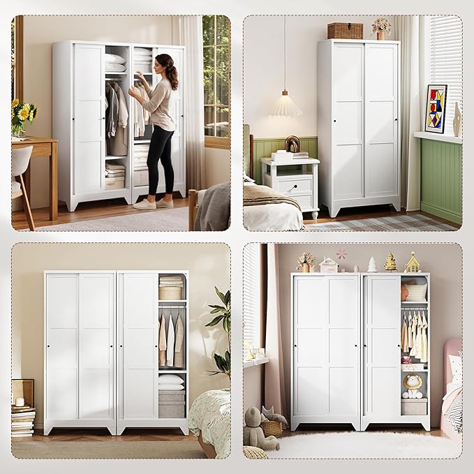 Letaya Metal Wardrobe Cabinets,68" Tall Armoire Wardrobe Closet with Sliding Barn Doors and Shelves,Large Coat Closet Cabinet with Hanging Rod,Clothing Storage Cabinets for Home Room,White (White)