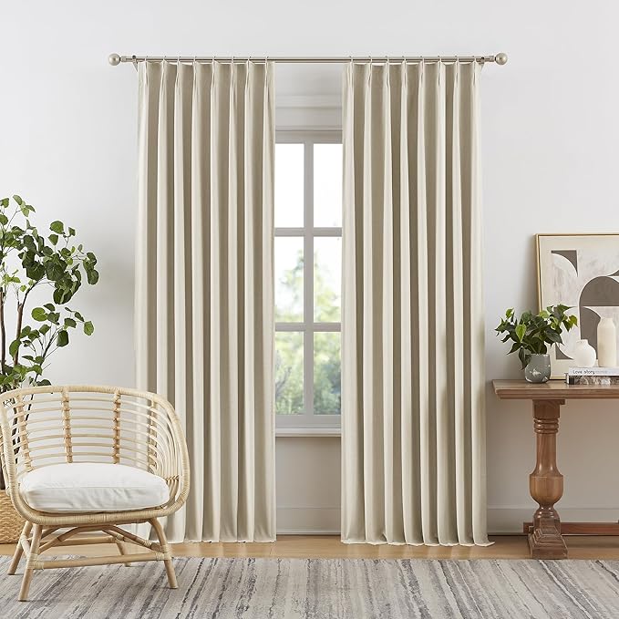 DUALIFE Natural Blackout Pinch Pleated Curtains for Bedroom 105 Inch Length, Linen Blended Farmhouse 100% Blackout Thermal Insulated Back Tab Drapes with Hooks for Track System 2 Panels-W50xL105