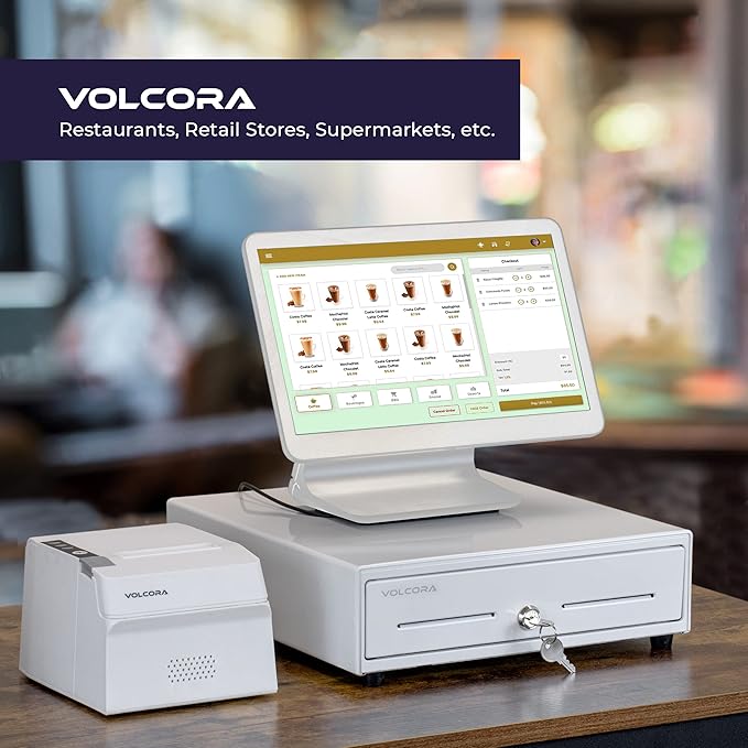 Volcora 13" Cash Register Drawer for Point of Sale (POS) System with 4 Bill 5 Coin Cash Tray, Removable Coin Compartment, 24V, RJ11/RJ12 Key-Lock, Media Slot, White - for Stores, Shops and Businesses