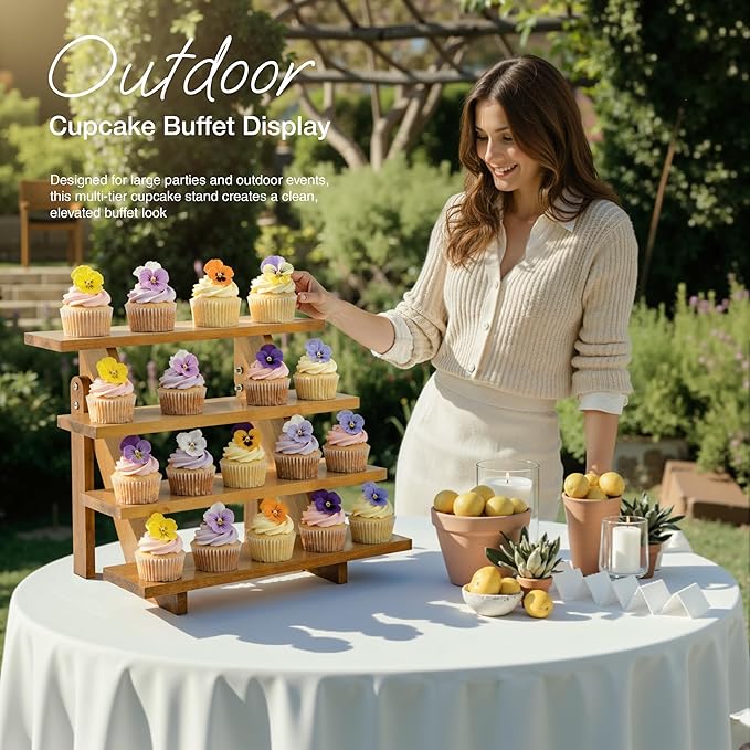 Acacia Wood Cupcake Display Stand - 4 Tiered Riser for Vendors Organizer - Wooden Cupcake Cookie Stands for Dessert Decorative Tables - Appetizer Serving Shelves Farmhouse at Party Wedding