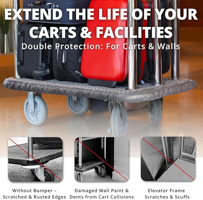 Bellman Cart Bumper Guard – Faux Leather Edge Protector with Sponge Padding, Non-Marring Wall Shield for Hotel Luggage Trolley – Indoor & Outdoor Travel Accessory (Matte Gray)