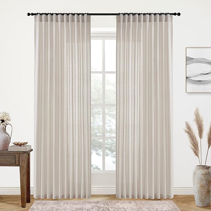 XTMYI 70 Inches Wide Country Curtains for Living Room,Sheer Linen Shabby Chic Curtains for Bedroom Oatmeal 108 Inches Long