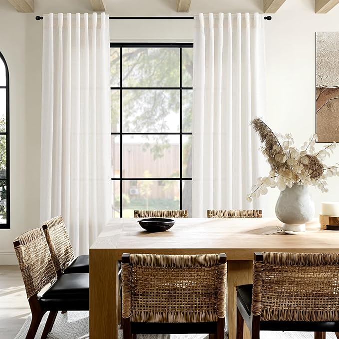 Ivory White Semi Sheer Linen Curtains 90 inch for Living Room Back Tab Rod Pocket Ivory White Cotton Textured Gauze Curtain Modern Farmhouse Coastal Decor 90 inches for Dining Room Office
