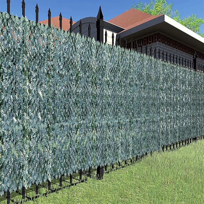 TANG 58"x117" Faux Ivy Privacy Fence Screen Roll- 7Pcs Artificial Leaf Fences Greenery with Lattice Panel,Outdoor Green Wall Chain Link Fence Covering for Balcony Backyard Patio, Dark Green Ivy