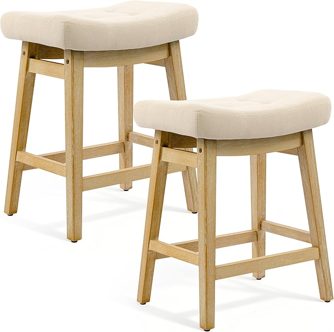 Counter Height Bar Stools Set of 2 for Kitchen Counter, Backless Farmhouse Kitchen Island Barstools with Upholstered Fabric Saddle Seat and Solid Wood Legs Modern 24 inch Bar Chairs, Khaki