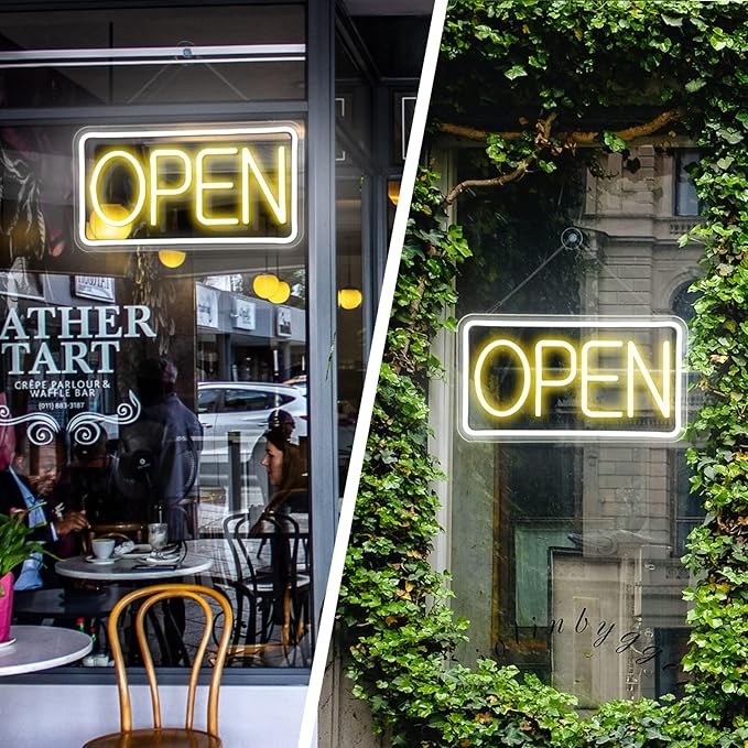 Open Signs for Business,Neon Open Sign Led,16.5"x 9",with Open/Closed Bussiness Hour Sign Set,Light for Bar Coffee Salon Store Window,12V/2A Adapter with ON/OFF Switch (Yellow/White Horizontal)
