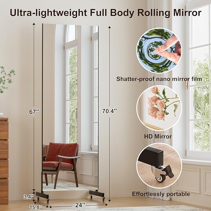 brisafe 67"x24" Ultra-Light Mobile Floor Mirror with 360° Wheels, 0.04mm Shatterproof Nano Film for Home Gym/Yoga/Dance Studio & Commercial Use | 60% Insurance Savings | Black