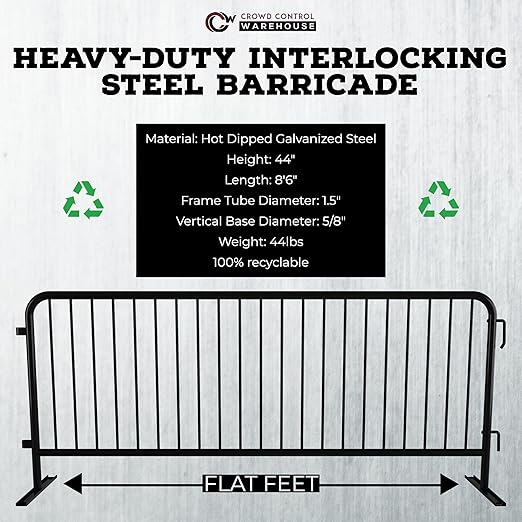 Angry Bull Barricades Metal Interlocking Steel Barricade (8.5 Ft. Heavy Duty, Flat Feet, Black Powder Coated, Set of 10)