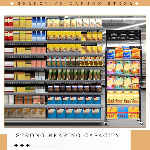 2 Set Retail Display Rack Shelf Cart with Wheels and Hook Heavy-Duty Metal Snack Potato Chip Display Organizer Concession Stand for Supermarket Grocery Store Home Black (5 Tier 15 Hooks)