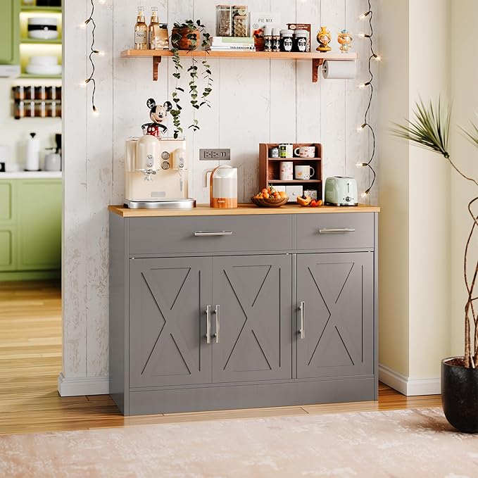 SUNLEI Kitchen Buffet Sideboard Cabinet, Wooden Storage Cabinet with 3 Doors & 2 Drawers, Modern Farmhouse Coffee Bar Cabinet with Storage for Living Room, Adjustable Shelf, Grey