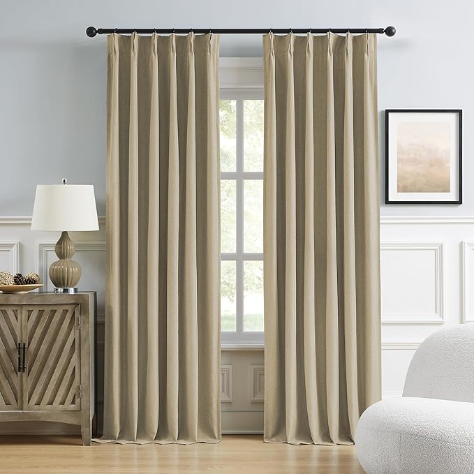 DUALIFE Taupe Blackout Pinch Pleated Curtains for Bedroom 84 Inch Length, Linen Blended Farmhouse 100% Blackout Thermal Insulated Back Tab Drapes with Hooks for Track System 2 Panels W40xL84