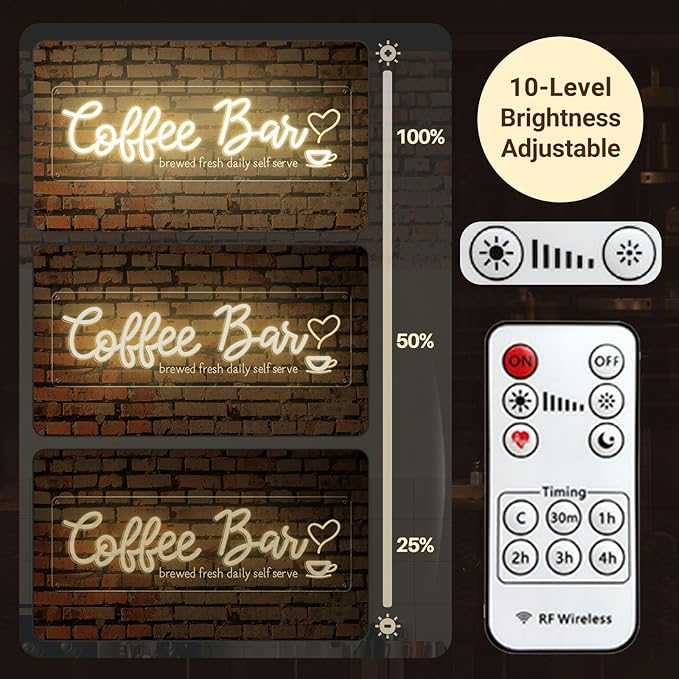 Coffee Bar Neon Sign with Timer Remote Dimmer, Warm White LED Coffee Light for Cafe Shop Station Home Kitchen Bar Cart Event Area Party Gift for Lover Friends Family - Warm White 3