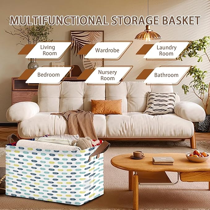 Cute Fish Storage Basket Large 17x11.5x10.5 Inches - Collapsible Fabric Organizer Bin with Handles for Kids Room,Laundry,Toys - Foldable Decorative Hamper with Cartoon Fish Design - Single Pack