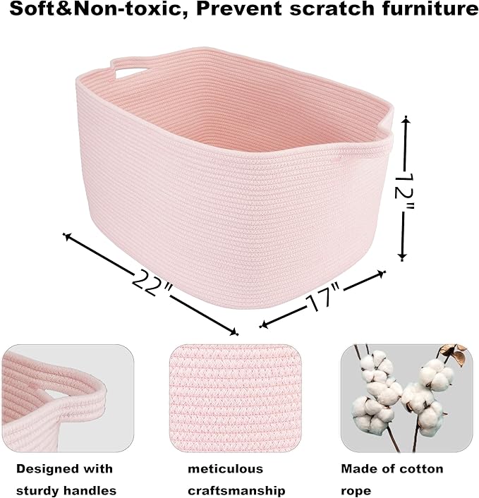 Large Rectangle Blankets Baskets 22"x17"x12" Toy Basket for Kids Woven Cotton Rope Storage Basket for Nursery - Wicker Laundry Baskets for Clothes Towels - Ideal for Living Room Storage pink