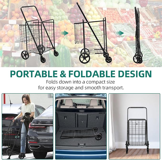 YITAHOME Jumbo Folding Shopping Cart with Wheels, Double Basket Grocery Cart, Collapsible Utility Cart for Laundry, Storage & Organizing (Portable & Space-Saving)