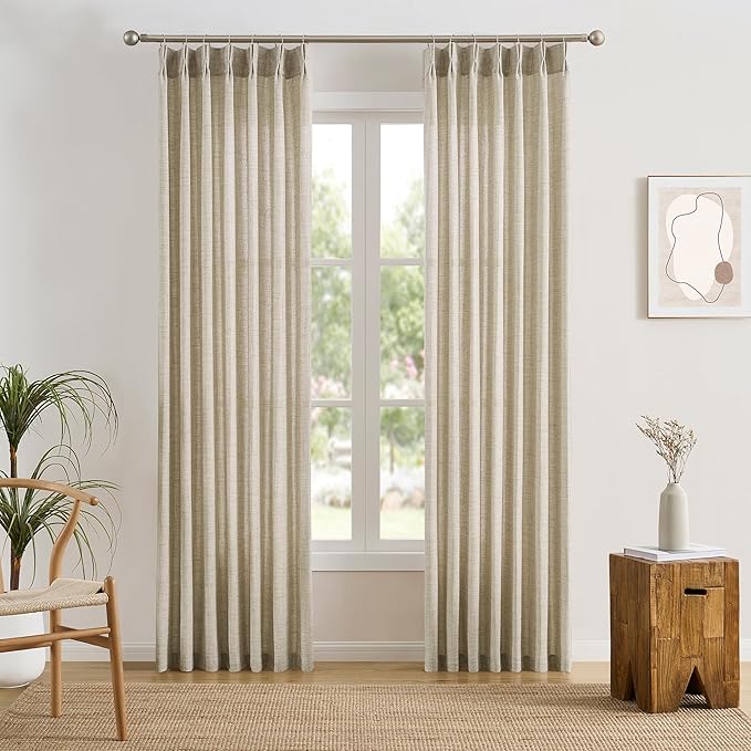 Beige Sheer Curtains 120 Inches Long with Pinch Pleat,Back Tab Pleated Drapes Hooks Thick Linen Textured Boho Farmhouse Extra Long 120 Inch Curtain for Dining Bedroom 42 Inch Wide Each Panel