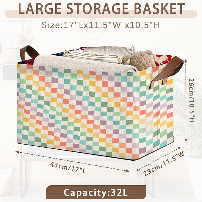 Collapsible Storage Bin - Foldable Fabric Organizer Basket with Handles for Home, Closet, Toy Room - Colorful Checkered Pattern (17x11.5x10.5 Inches) - Single Pack