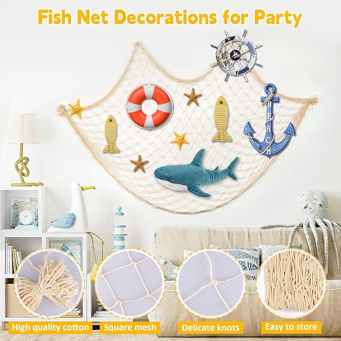 2 Pcs Fish Net Decorations, 39x78 Inch Cotton Nautical Themed Fishing Net, Wall Hanging Photo Display Fishnet for Coastal Bedroom Bathroom, Pirate Hawaiian Beach Under The Sea Party Decor, Beige