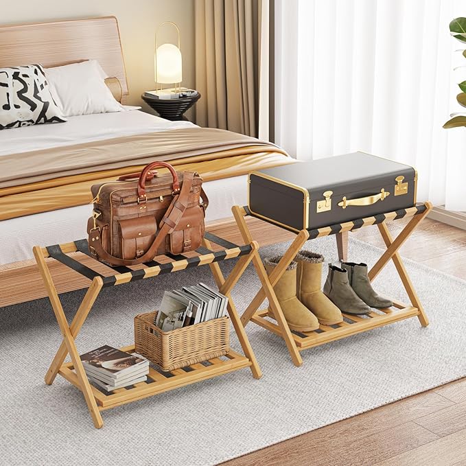 2 Pack Bamboo Luggage Rack for Guest Room, 26.77" Folding Wide Suitcase Stand with Storage Shelf, Thickened Luggage Stand Holder for Bedroom Hotel, Luggage Rack for Suitcases (Natural)