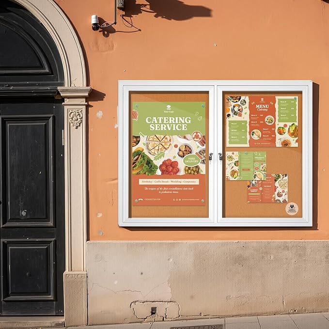 Outdoor Enclosed Cork Bulletin Board 44x32 Inch, Double Door Lockable Wall-Mounted Weatherproof Display Case, Tamperproof Notice Memo Poster Board with Aluminum Frame for Office, School, Community