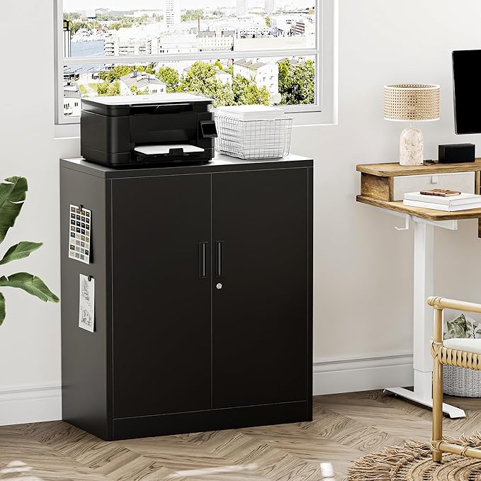 Metal Garage Storage Cabinets，Metal File Cabinet with 2 Adjustable Shelves, Lockable Storage Cabinets for Office, Home, Garage, Warehouse 36" H x 31.5" W x 15.7" D (Black)