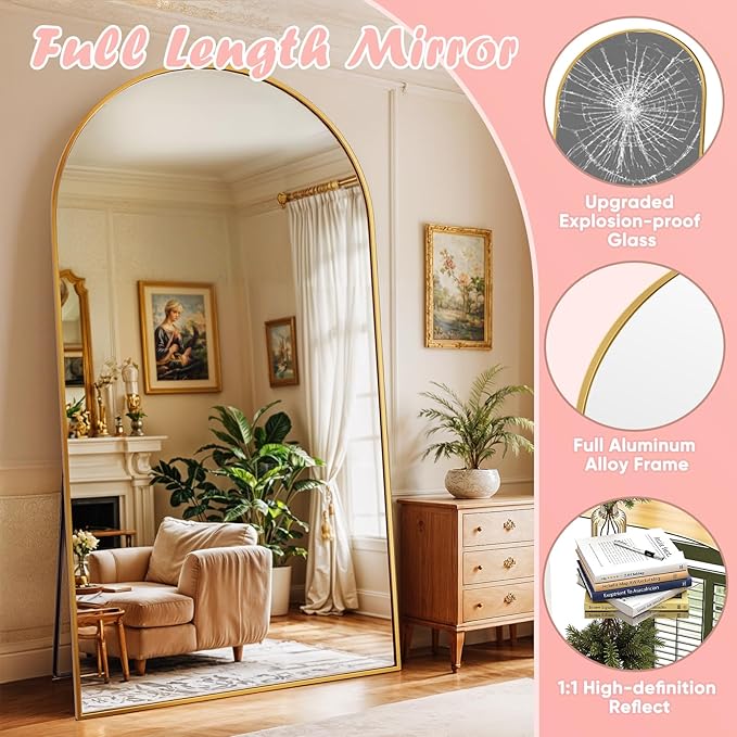 Full Length Mirror, 81" x 41" Arched Full Body Mirror Large Standing Floor Mirrors, Mirrors for Bedroom, Bathroom, Living Room Standing or Wall Leaning, Gold