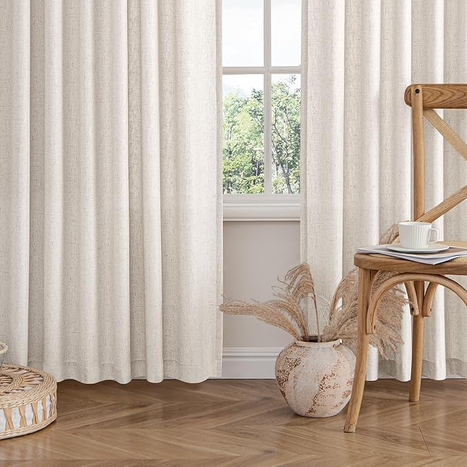 MIULEE Non-See-Through Privacy Linen Curtains 2 Panels, Light Filtering Window Curtains Farnhouse Textured Back Tab Semi Sheer Drapes for Bedroom Living Room, 52 x 90 Inches Long, White