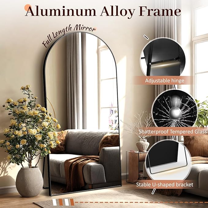 EOGOW 71" x 28" Arched Full Body Mirror,Standing or Leaning Tempered Glass Shatterproof Full Length Mirror with Stand for Bedroom Living Room Entryway,Black