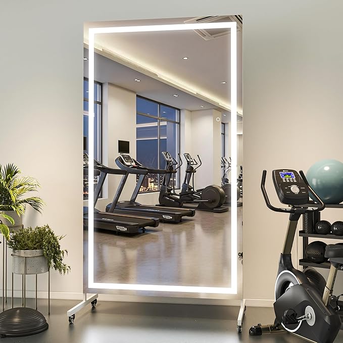 Hasipu Home Gym Mirror with Light 360° Swivel on Wheels, 67" x 40" Extra Large Full Length Rolling LED Mirror for Yoga Studio, Bedroom, Dancing Studio, White