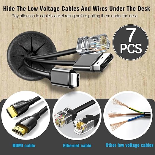 2-3/8" Black Desk Grommet, JTemgle Flexible Cable Grommet with Bi-Metal Hole Saw Rubber Cable Hole Cover Wire Organizer Caps Desktop Cord Management for Home Office TV Stands Tabletops, 7 Pieces