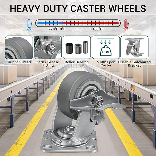 4'' × 2'' Caster Wheel, Heavy Duty Industrial Caster, Rubber Wheels with Roller Bearing, Load 600lbs per Swivel Casters for Cart Dolly Toolbox Trolley (1 Brake)