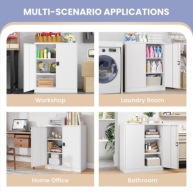 Metal Storage Cabinet，Garage Storage Cabinet with 2 Lockable Doors and 2 Adjustable Shelves, 36'' Steel Tool Cabinet for Garage, Office, Home, School(White)