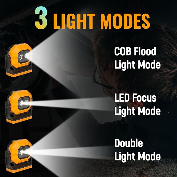 LED Rechargeable Work Light, 1500LM Portable COB Magnetic Lights with 3 Modes & 360° Rotatable, IPX4 Waterproof Worklight for Car Repairing, Job Site Lighting, Emergency (1 PC)