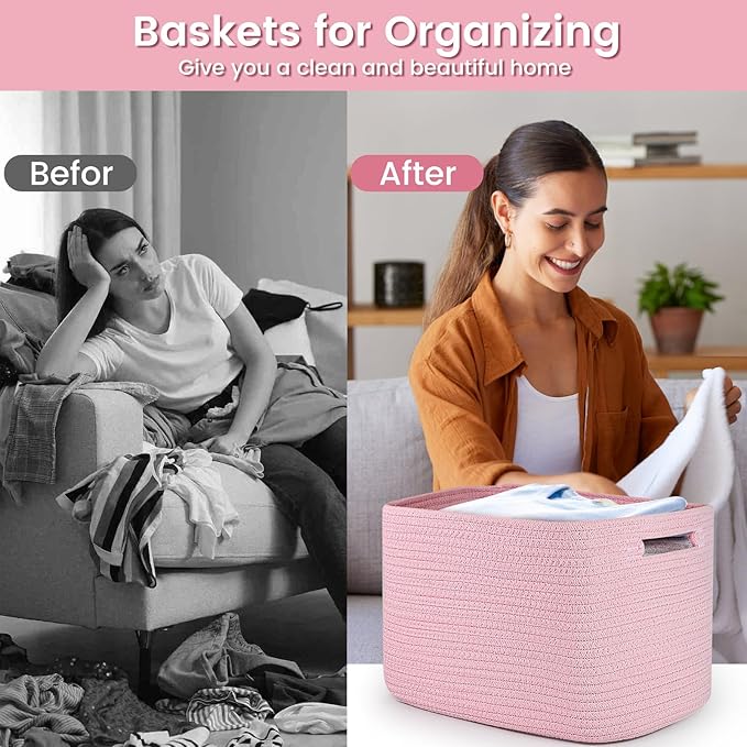 Shelf Woven Storage Basket, 15 x 10 x 9” Closet Rope Baskets For Organizing, Square Bins with Handles, Pink 1 Pack