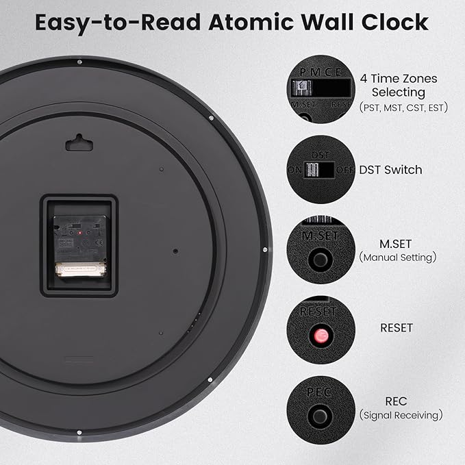 Geevon 16 Inch Atomic Wall Clock - Self-Setting Analog Clock with Automatic Time Sync - Battery Operated for Home Office School - Black Frame