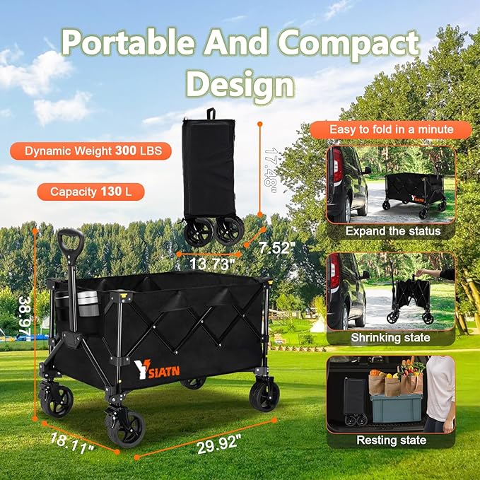 Collapsible Wagon Cart with Wheels Foldable, Folding Wagons Carts with All Terrain Wheels, Large Grocery Cart On Wheels, Heavy Duty Utility Wagon for Shopping Beach Sports Fishing Camping, 130L, Black