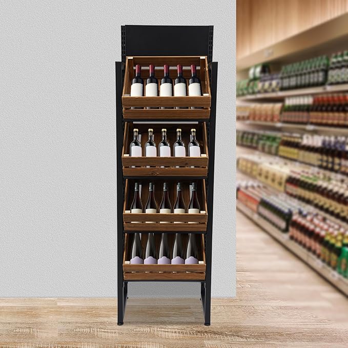 4 Tiers Retail Display Rack, Single Row Wood Market Shelf Commercial Fruit and Vegetable Basket Stand Rack Set Snack Pantry Shelf Unit for Kitchen, Office, Store, Supermarket